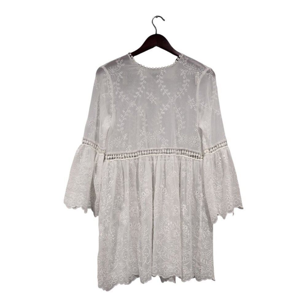 ZARA Women's White Lace Eyelet 3/4 Sleeve Fairytale Babydoll Dress Sz S No Slip